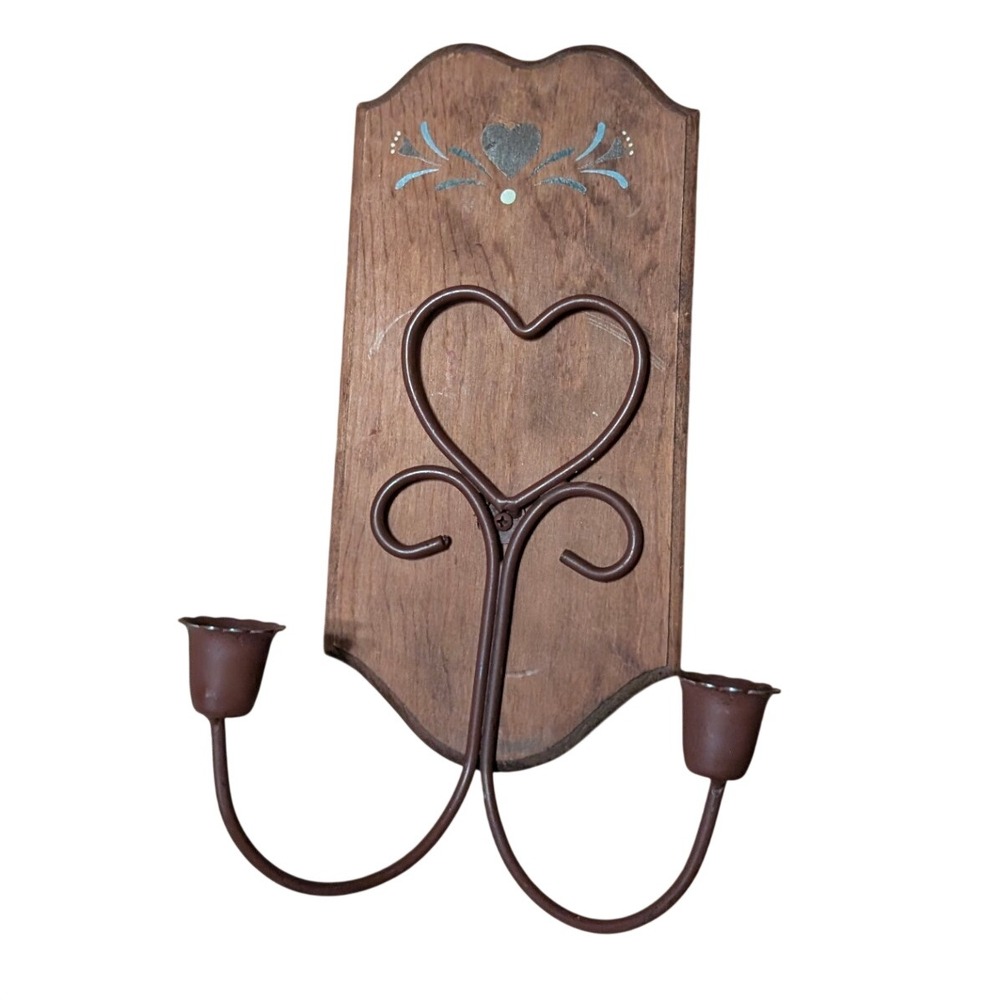 Vintage Wood Wall Sconce Taper Candle Holder Heart Scroll Floral Farmhouse Decor